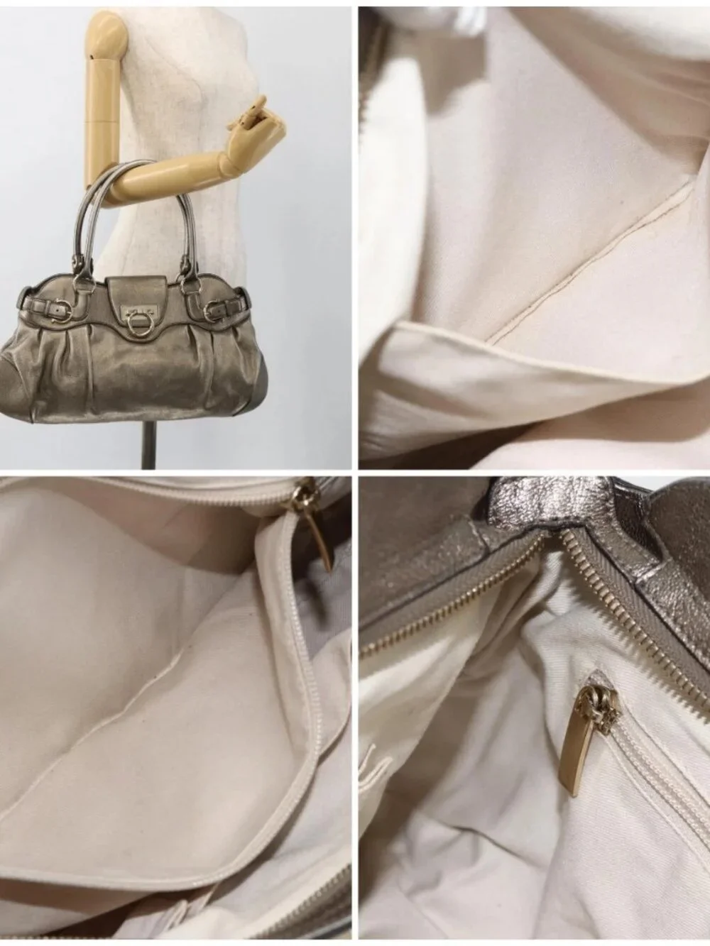 Salvatore Ferragamo Gancini Hand Bag Leather Gold Silver Auth BA11899